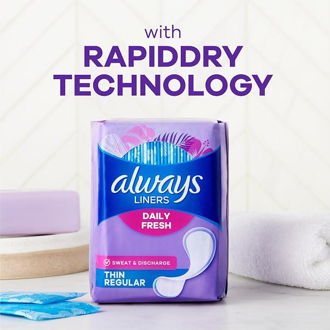 Always Daily Fresh Thin Liners, Regular Absorbency, Unscented Panty Liners, 864 Count, Pack of 4