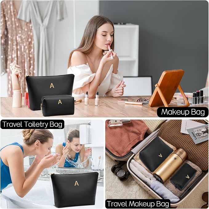 Women Gifts | Initial Makeup Bag for Girl Personalized Gifts for Bridesmaid Friend PU Leather Cosmetic Travel Toiletry Bag(Black,A)