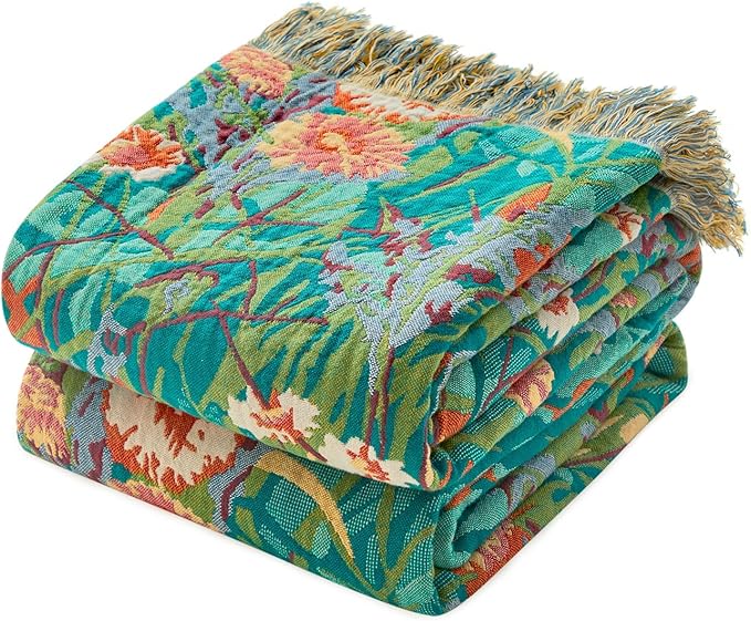 LUTBM Boho Throw Blanket for Bed 60"x80", All Season Cotton Couch Blankets | Reversible Floral Jacquard, Summer Lightweight Breathable Muslin Twin Quilt, For Chair Sofa Bedroom Living Room, Home Decor