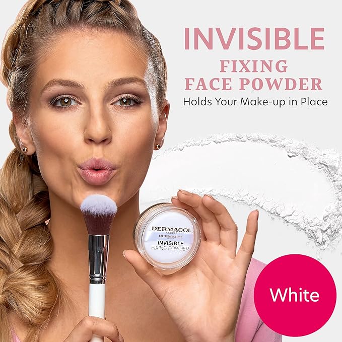 Dermacol - Invisible Fixing Face Powder, Touch-proof Translucent Setting Powder for Oily Skin & Other Skin Types, Loose Powder Makeup, Frangrance-Free Matte Powder with Powder Puff, White, 13.5 g