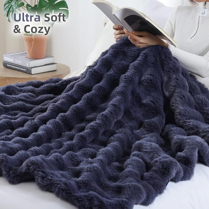 Faux Rabbit Fur Throw for Couch - Navy Blue Bubble Blanket 60"x80" | Fluffy Plush Fuzzy Throw for Sofa & Bed, Super Soft Cozy Comfrt Blanket, Luxury Aesthetic Navy Blue Decor Gift for Women
