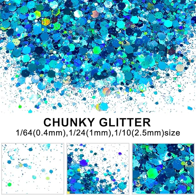 Sky Blue - Craft Glitter - 2oz Glitter Shaker Bright Colorful Holographic Mix Chunky Body Glitter Bulk Wholesale 24 Colors in Shaker Cosmetic Glitter - EBLB700