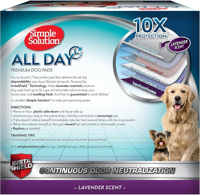 Simple Solution All Day Dog Potty Training Pads, Lavender, 23"x24" 50 Count | Pee Pads for Dogs, Leak Proof, Odor Control, Extra Absorbent, Quick Dry, Indoor Potty, Floor Protection, Puppy Training