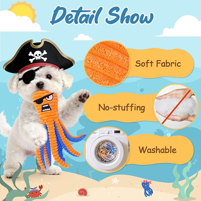 Zeaxuie Interactive Dog Toys for Chewers, 2 Pack No Stuffing Dog Toys for Teething, Squeaky Chew Toy to Keep Them Busy for Small and Medium Breed, Crinkle Octopus