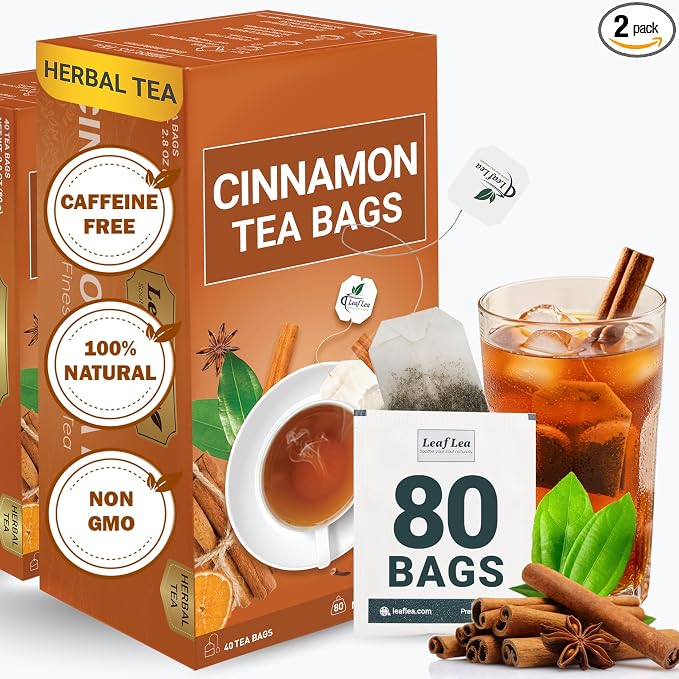 LeafLea Cinnamon Tea Bags, Bold Ground Cinnamon Spice, Sugar-Free, 80 Count | Naturally Sweet Single-Ingredient Spice, Caffeine-Free, Individually Foil-Wrapped For Fresh Aroma, Vegan, Non-GMO