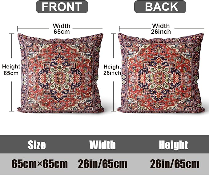 Boho Throw Pillow Covers 26x26 inch Set of 2,Soft Pillowcases Bohemia Carpet Printing Pattern Decorative Sofa Living Room Bed Square Pillow Case Cushion Cover-Red