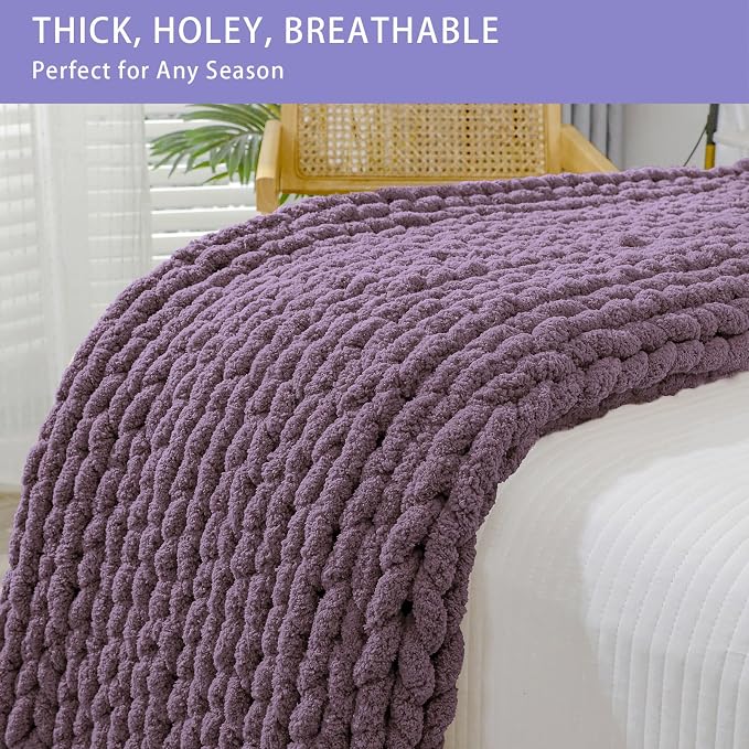 Bigacogo Chunky Knit Throw Blanket for Couch, 40x40 inches, Winter Grape | Hand Knit with Jumbo Chenille, Soft Breathable Cable Knit for Sofa Bed Living Room, Machine Washable, Gift for Mom Friend