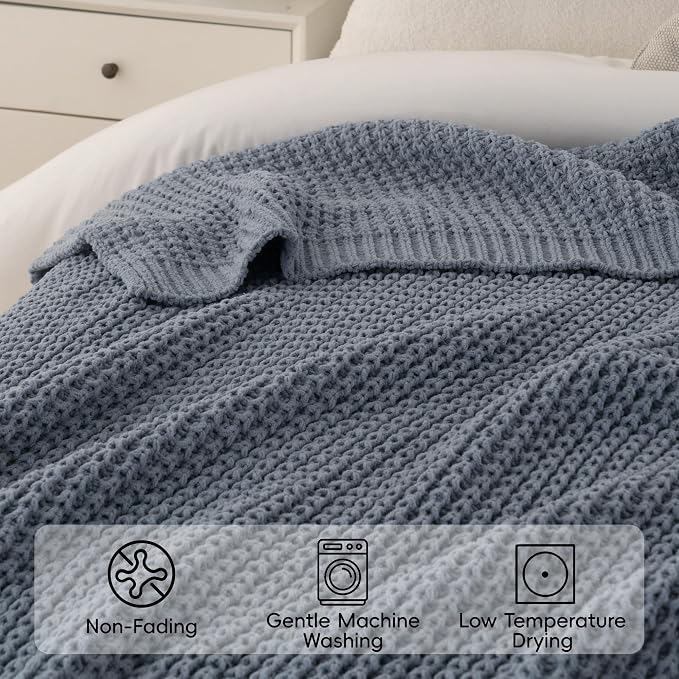 Blue Grey Throw Blanket for Couch, Waffle Knitted Throw Blanket 60"x80" | Chunky Chenille Throw Blanket, Soft Blue Throw Blanket for Home Decor, Sofa, Modern Farmhouse Knit Style