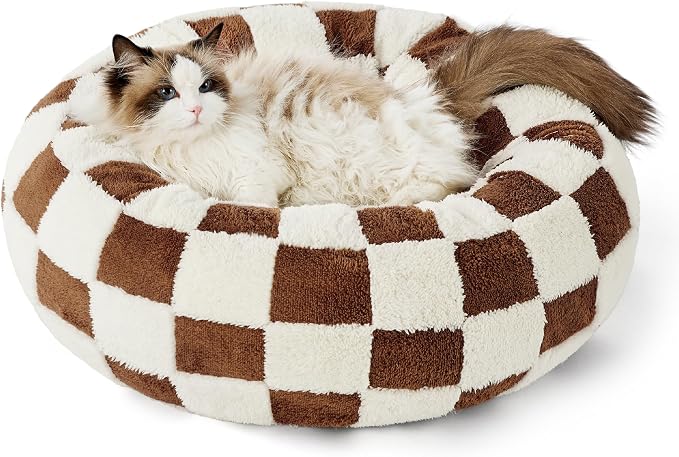 LE SURE Shown on TV Jacquard Donut Cute Cat Beds Indoor,Brown 20x20x6in | Orthopedic Calming Small Dog Bed,Original Design Pattern,Washable Cover, Home Decor as Gift for Pet,Anti Slip Bottom