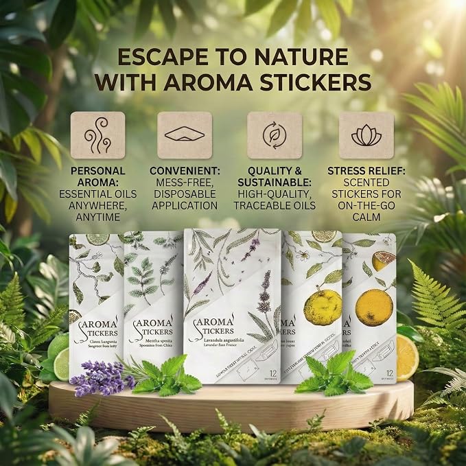 AROMA STICKERS® (Spearmint, Pack of 3) - 100% Natural Essential Oil Scented - Sticker Diffuser for Personal Space - Face Mask & Pillow - Refreshing & Focus (Pack of 3, 36 Stickers in Total)