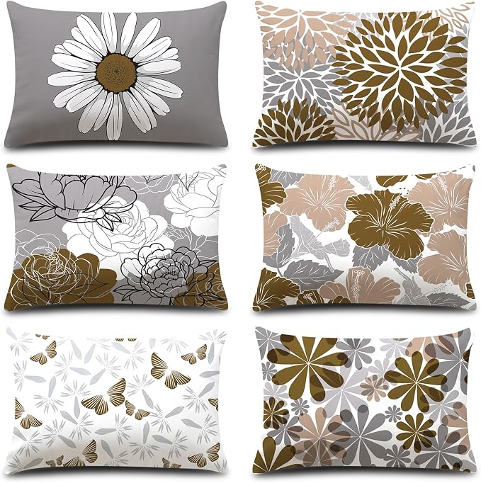 COMMINY Brown Grey Lumbar Pillow Covers 12x20 Set 6 Linen Throw Cover | Daisy Dhalia Pattern, Lumbar Pillow Size, Breathable Linen, Bed Bench Office Chair, Neutral farmhouse decor