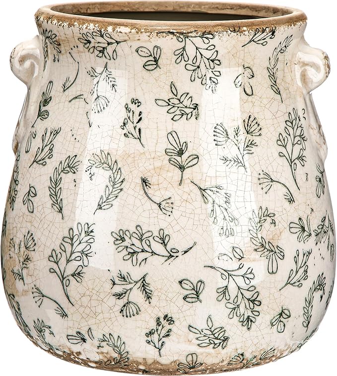 Ceramic Scroll Planter 6.5 Inch Chinoiserie Floral Vase with Drainage Holes Vintage Flower Vase Flower Pot Rustic Ceramic Pots for Indoor Plants Garden Home Bookshelf Decor(Leaves)