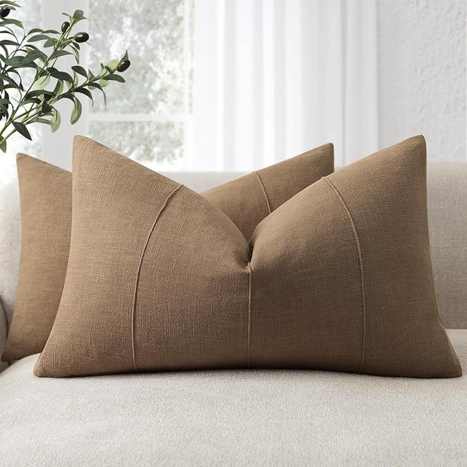 12x20 Pillow Covers Set of 2 Decorative Linen Lumbar Pillow Covers Solid handcrafted Striped Cushion Covers for Bed Soft Modern Farmhouse Neutral Pillowcase for Couch Bedroom Living Room (Coco Brown)