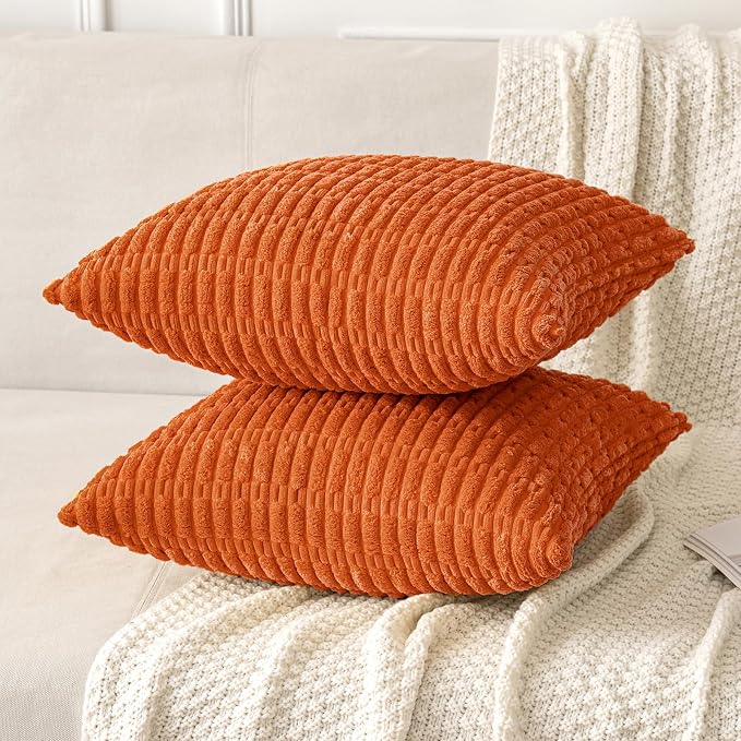 MIULEE Fall Corduroy Decorative Throw Pillow Covers 16x16 Orange Pack of 2 | Soft Boho Striped Pillow Covers Modern Farmhouse Autumn Home Decor For Sofa Living Room Couch Bed