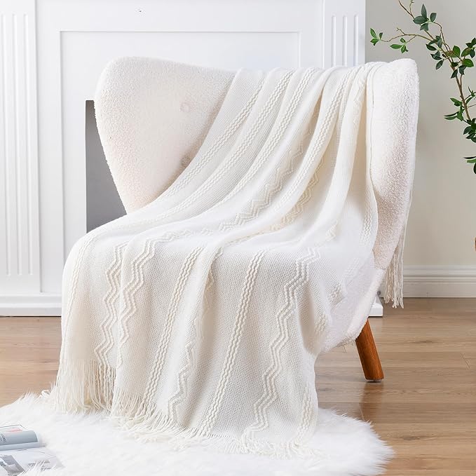 BATTILO HOME Cream Throw Blanket for Couch, Bedroom Decor Boho Throw Blanket, Decorative White Blanket Throw for Sofa Living Room, 50"x60"