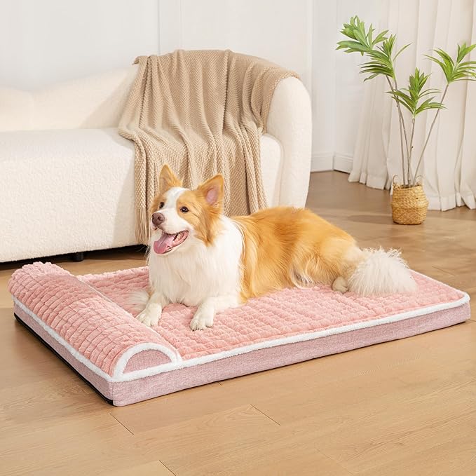 Orthopedic Large Dog Bed Pillow Pet Sofa Bed 42''X28'' Pink | Egg-Crate Foam Pet Couch Large Sized Dog, Waterproof Removable Washable Cover,Furry Puppy Crate Mat With Nonskid Bottom