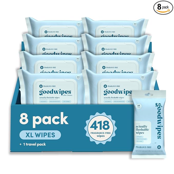 goodwipes Flushable Wipes Bulk Pack, Fragrance-Free Adult Wet Wipes for Women & Men, Toilet & Bathroom Essentials, Extra Large, 418 Count (8 Packs and 1 Travel Pack)