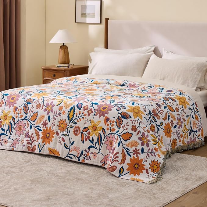 100% Cotton Boho Throw Blanket for Home Decor – Classic Farmhouse Quilt Bedding, Muslin Blankets for Adults, Vintage Woven Decorative Blanket for Couch, Bed Layering Use, Botanic Floral, 104"x90"