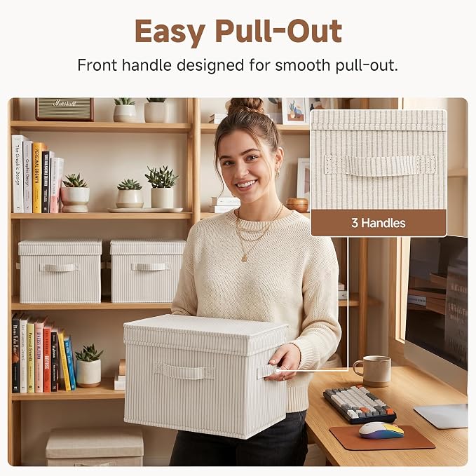 StorageWorks Closet Storage Bins, Fabric Storage Bins with Lids | Flip-Top Lid, 3 Handles, Collapsible, Stackable, for Clothes Blankets, Multi-Purpose, Medium, Khaki and Beige Stripes, 2-Pack