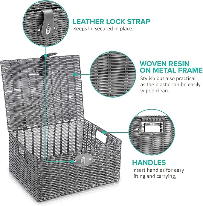 Set of 3 Woven Wicker Storage Basket Box with Lids & Lock, Built-in Carry Handles, Multifunctional Storage Organizer for Nursery, Baby, Clothes, Toys, Books, Large/Medium/Small Size (Grey)