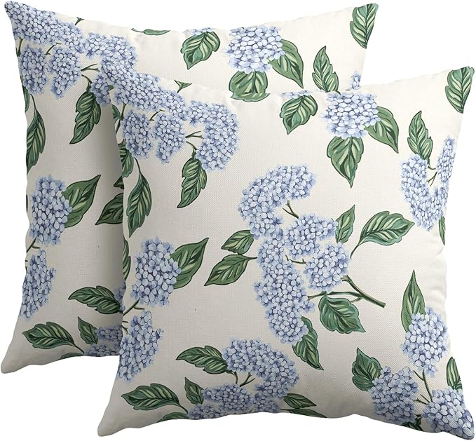 Square Blue Hydrangea Flower Pillow Covers 20x20 Inch Set of 2 Spring Blue Floral Cornflower Throw Pillow Cases Outdoor Linen Square Cushion Cover Farmhouse Decor for Bedroom Home Sofa Couch Bed