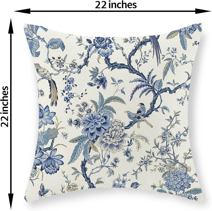 Chinoiserie Floral Bird Pillow Covers 22x22 Set of 2 Blue Chinoiserie Flowers Decorative Pillow Cases Outdoor Decor Blue and Cream Throw Pillows Farmhouse Linen Cushion Cover for Couch Home