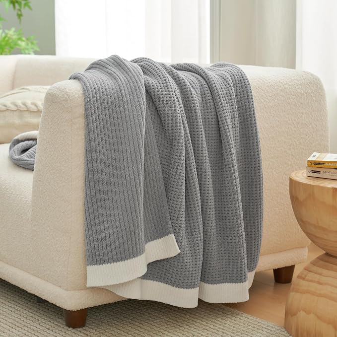 Chenille Throw Blanket, Soft Cozy Waffle Throw for Couch & Sofa, Warm Yet Lightweight, Breathable All-Season Throws for Women Men, Housewarming, Birthdays, 50"x60", Grey