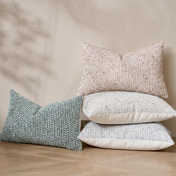 14x24 Beige Lumbar Pillow Cover Textured Boucle Striped Chic Morden Boho Accent Farmhouse Rectangular Decorative Couch Pillow Case for Home Decor Bed Sofa Living Room