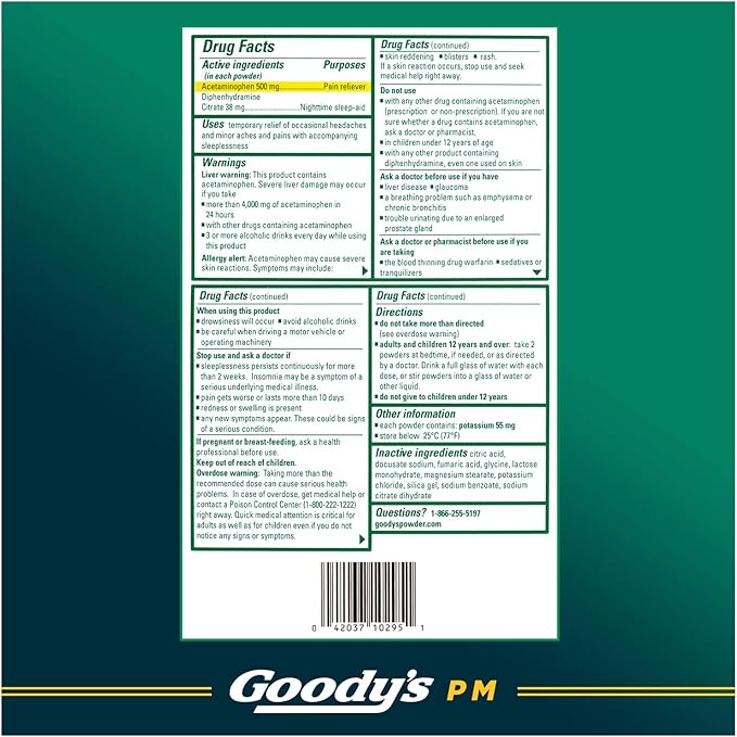 Goody's Nighttime Powder, Pain Reliever & Sleep Aid with Acetaminophen & Diphenhydramine Citrate, Caffeine Free, 16 Count