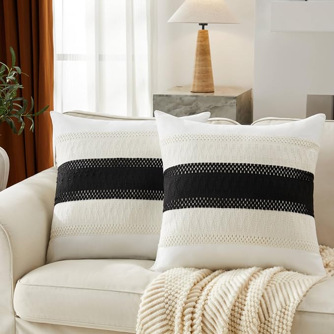 2pk Boho Pillow Covers 24x24, Natural White/Contrast/Black | 100% Organic Cotton Body, Stripe Embroidery, Farmhouse Decorative Cushion Covers for Sofa Bed Living Room Home Decor