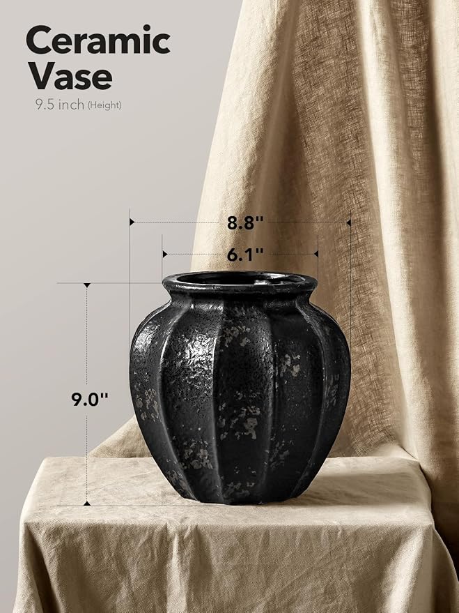 LE TAUCI 9" Ceramic Vase, Artisan Large Black Ceramic Vase for Modern Home Decor, Substantial & Stable, Handcrafted Flower Vase, Living Room & Dining Room Table Centerpiece, Distressed Iron Black
