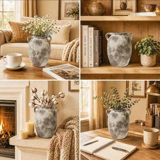 DREAMLOOM 7.6 Inch Ceramic Flower Vase, Terracotta | Double Handles, Farmhouse Vintage, Pottery, Home Decor, Living Room Dining Table Wedding Centerpieces
