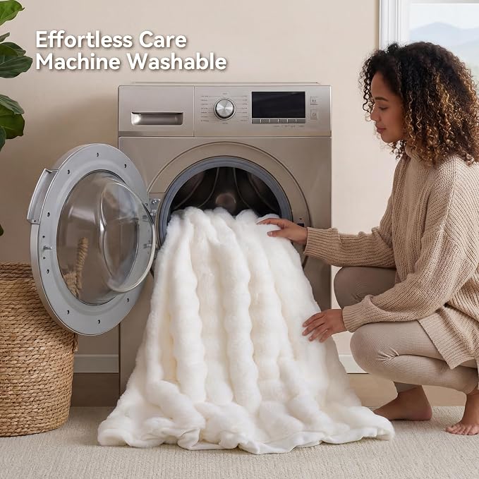 Faux Rabbit Fur Throw for Couch - Cream White Bubble Blanket 50"x60" | Fluffy Plush Fuzzy Throw for Sofa & Bed, Super Soft Cozy Comfrt Blanket, Luxury Aesthetic White Decor Gift for Women