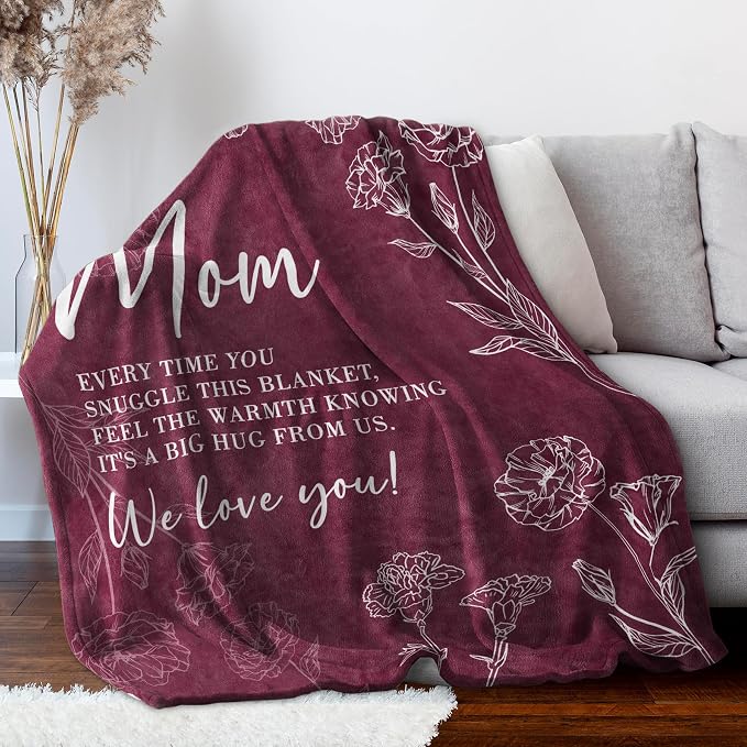 GiltGlimmer Mom Birthday Gifts, Mom Floral Blanket Burgundy, 60" x 50" | Gifts for Moms from Daughter Son, We Love You Present for Mother Mommy Christmas Mothers Day