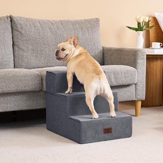 EHEYCIGA Dog Stairs for Small Dogs 16.5" H, 3-Step Extra Wide Ramp, Grey | Pet Steps for Couch Sofa and Chair, Pet Steps for Medium Cats, Non-Slip Balanced Pet Ramp Indoor