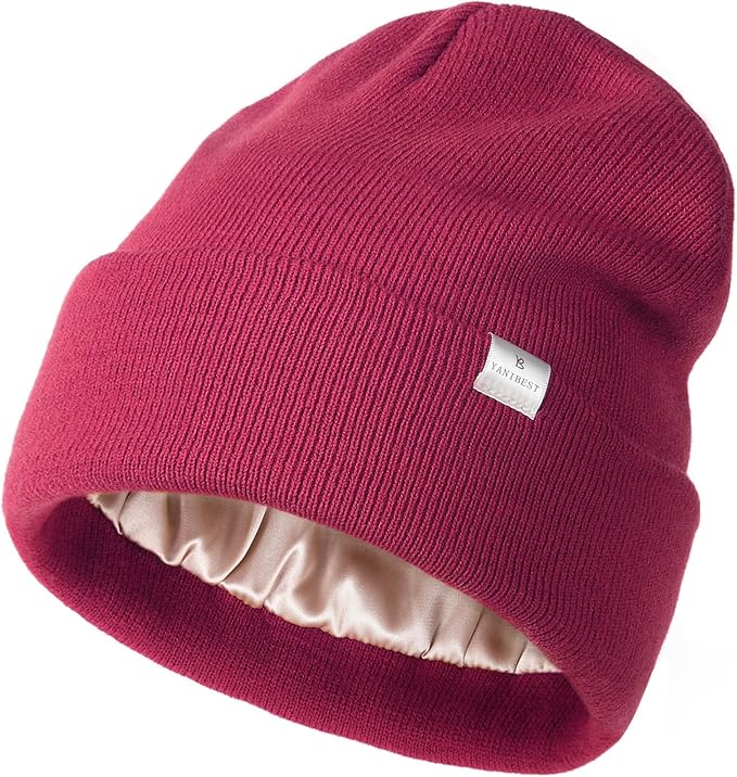 YANIBEST Satin Lined Beanie for Women Reduce Frizz Winter Hats for Women Men Silk Lining Soft Slouchy Warm Cuffed Less Static