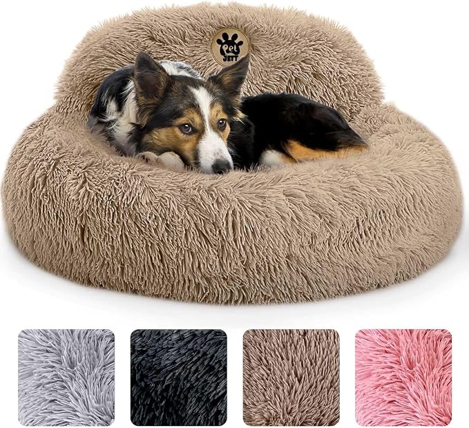 PetJett Calming Medium Dog Bed - 30'' Round Dog Beds - Washable Dog Bed - Anti-Slip Super Soft Fluffy Plush Donut Bed, Anti-Anxiety Premium Comfort Pet Bed, Fits Dogs up to 45 lbs - Beige