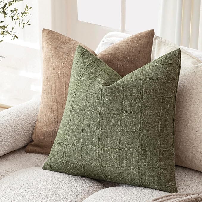 Foindtower Set of 2 Decorative Linen Check Throw Pillow Covers Neutral Farmhouse Vintage Cushion Covers Modern Boho Home Decor for Sofa Chair Couch Bedroom Living Room,26×26 Inch,Sage Green