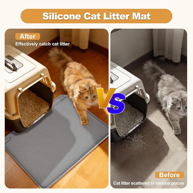 Extra Large Cat Litter Box Mat 34" x 22" – Waterproof Silicone Litter Trapper, Non-Slip, Easy to Clean Floor Protector, Soft on Kitty Paws(Light Grey)