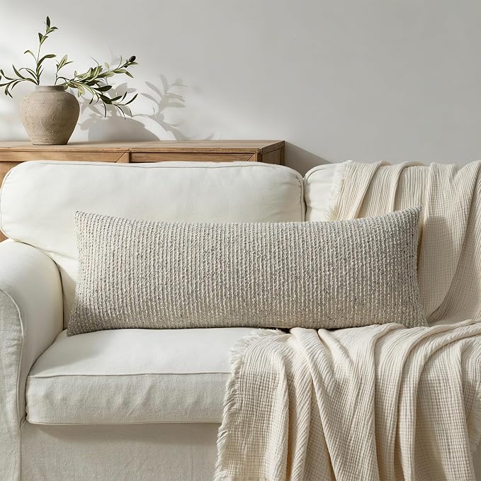 14x36 Cream Grey Decorative Body Pillow Cover for Bed Textured Boucle Striped Chic Morden Boho Accent Farmhouse Rectangular Long Lumbar Throw Pillow Case for Bedroom Living Room Home Decor Couch Sofa