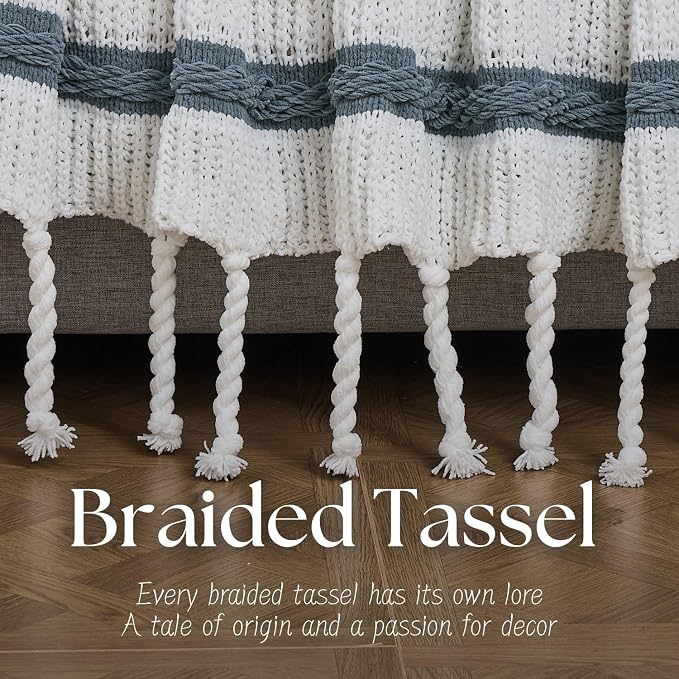 Boho Knitted Chenille Blanket with Tassels - Lightweight & Soft All-Season Throw - 3D Classic Pattern for Living Room Bedroom Couch, Celestial Blue(Striped), Queen 90"x90"