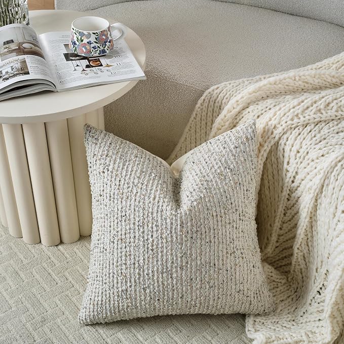 26x26 Cream Grey Euro Sham Pillow Cover Striped Textured Boucle Chic Morden Boho Accent Farmhouse Square Decorative Couch Throw Pillow Cover for Home Decor Bed Sofa Living Room