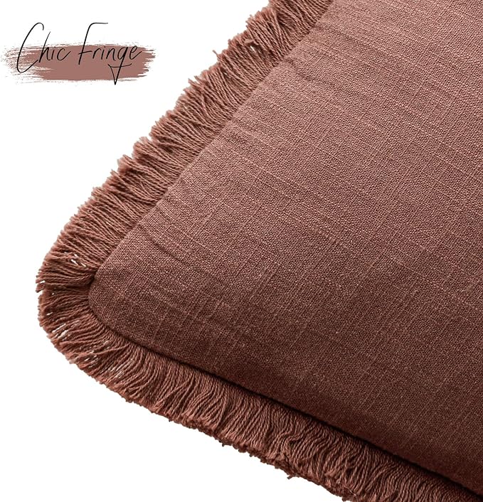 Foindtower Set of 2 Decorative Linen Fringe Throw Pillow Covers Boho Farmhouse Cushion Cover with Tassels Accent Pillowcase for Couch Chair Sofa Bed Living Room Home Decor,16×16 Inch,Rust Red