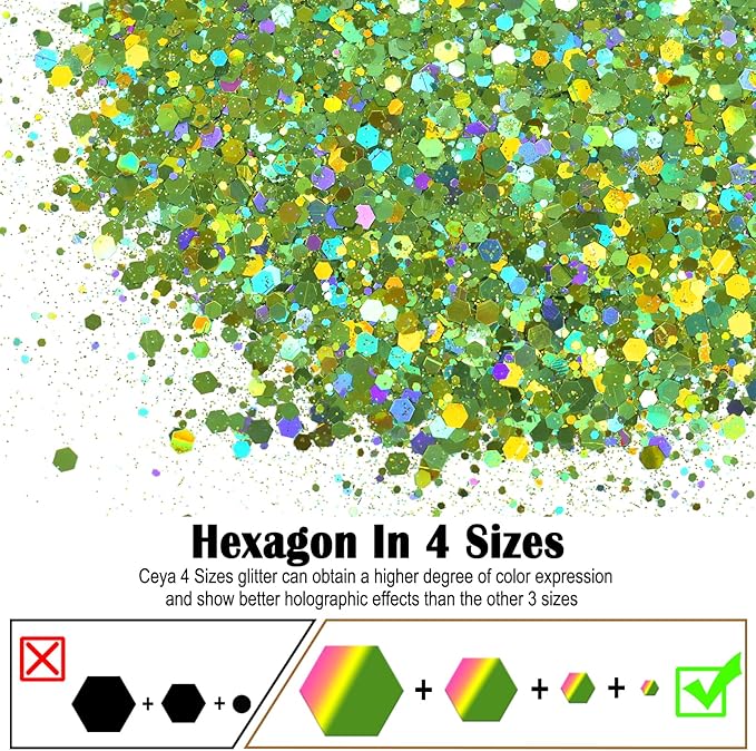 Ceya Holographic Chunky Glitter, 4.9oz/ 140g Light Green Craft Glitter Powder Mixed Chunky & Fine Flakes Iridescent Nail Sequins for St Patricks Day Party Decor, Epoxy Resin, Tumblers, Slime, Painting