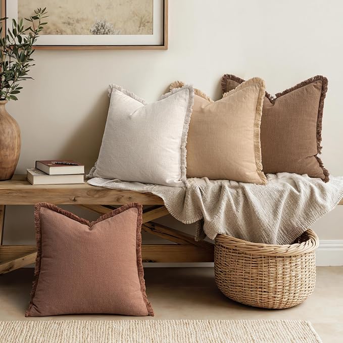 MIULEE Fall Linen Fringe Pillow Covers Set of 4 18x18 Beige/Brown | Boho Farmhouse Decorative Throw Pillow Covers, Neutral Soft Rustic Cushion Cases, for Couch Sofa Bed Living Room Home Decor