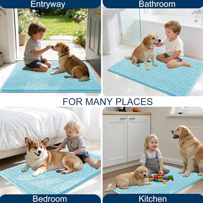 OLANLY Dog Door Mat for Muddy Paws 24x16, Extra Absorbent Chenille Mud Mat | Blue, Absorbs Moisture and Dirt, Non-Slip Machine Washable Doormat, Quick-Drying Indoor Entryway Floor Mat for Dogs