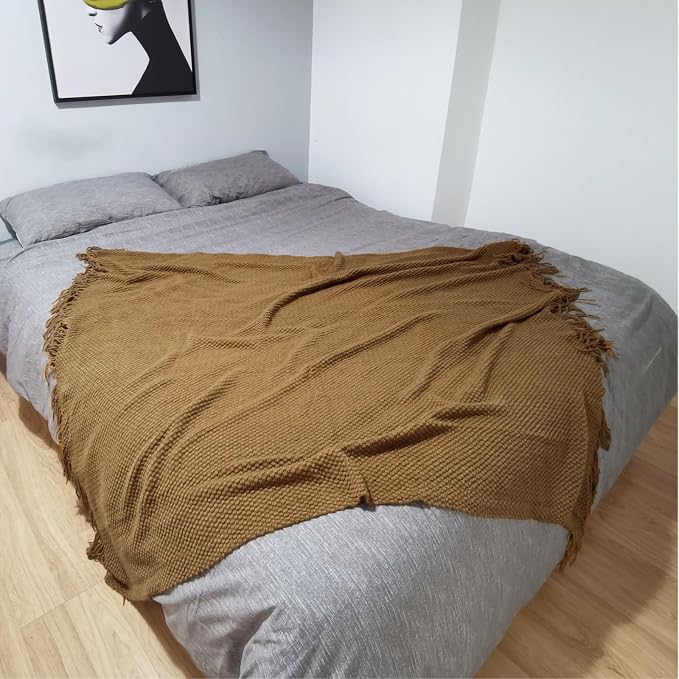 LOMAO Knitted Throw Blanket with Tassels Bubble Textured Lightweight Throws for Couch Cover Home Decor (Khaki, 60x90)