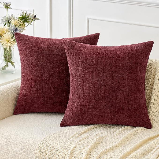 MIULEE Soft Chenille Throw Pillow Covers Burgundy 20x20 Inch Pack of 2 | Modern Home Decor, Classic Decorative Pillows, Solid Dyed Cases, Boho Couch Cushion Covers for Sofa Bed Living Room