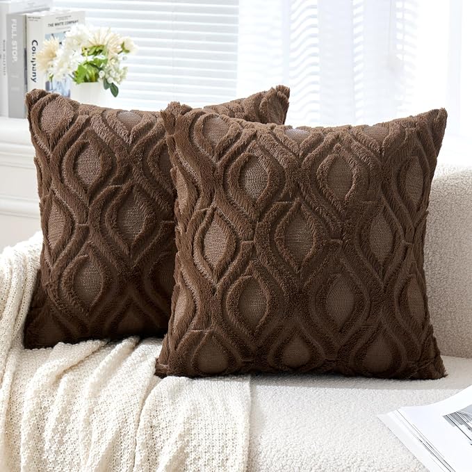 MIULEE Dark Brown Soft Plush Faux Wool Throw Pillow Covers 16x16 | Set of 2, Farmhouse Boho Home Decor, Decorative Cushion Covers for Sofa, Living Room, Bed