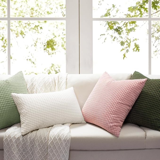 Softalker Corduroy Decorative Throw Pillow Covers 16x16, Set of 2, Cream | Soft Boho Striped Pillow Cases, Couch Fluffy Cushion Covers for Farmhouse Home Decor Bed Living Room
